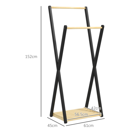  Cuier de Podea din Lemn cu 2 Bare, Suport pentru Haine Autoportant Modern cu Raft Inferior, 61x45x152 cm, Natural [2]