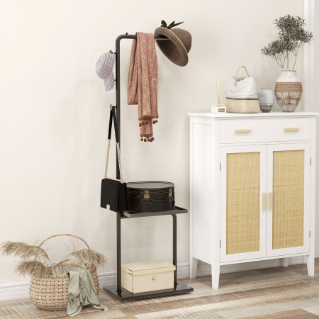  Cuier de Podea in Forma de C cu 3 Carlige, Baza din piatra si Picioare Antiderapante, 45x28x148 cm, Negru [1]