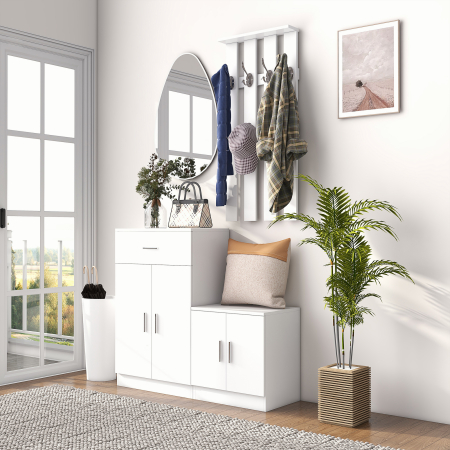  Cuier Hol Lemn Alb - 100×32×187 cm cu Dulap & Rafturi [6]