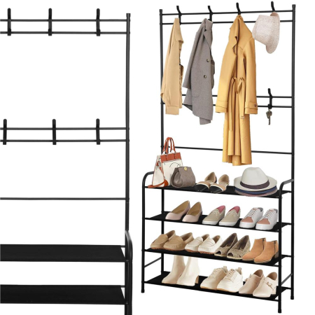 Cuier pentru haine cu banc de depozitare pantofi pe 4 polite, cadru metalic, 25x80x150cm, negru [5]
