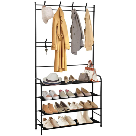 Cuier pentru haine cu banc de depozitare pantofi pe 4 polite, cadru metalic, 25x80x150cm, negru [1]