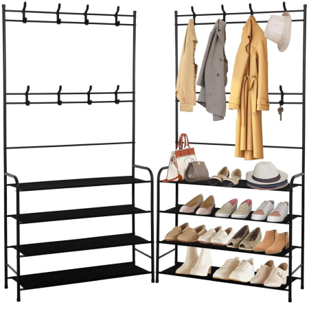 Cuier pentru haine cu banc de depozitare pantofi pe 4 polite, cadru metalic, 25x80x150cm, negru [7]