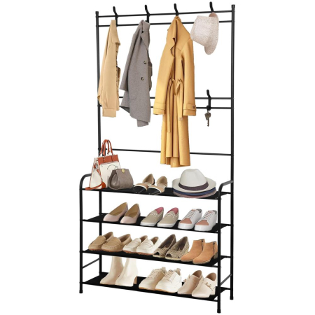 Cuier pentru haine cu banc de depozitare pantofi pe 4 polite, cadru metalic, 25x80x150cm, negru [4]