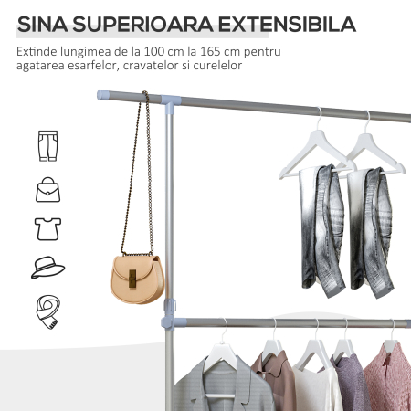 Cuier pentru haine cu inaltime si extensie reglabile, 165 x 48 x 180 cm, Inox / ABS, Argintiu / Gri [3]