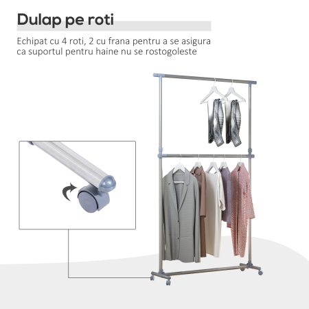  Cuier pentru haine cu inaltime si extensie reglabile, 165 x 48 x 180 cm, Inox / ABS, Argintiu / Gri [5]