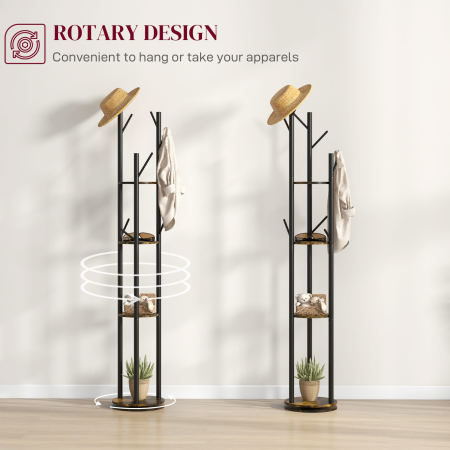  Cuier rotativ de podea cu 8 carlige si 4 rafturi, stil industrial, Ø30x175cm, maro [3]