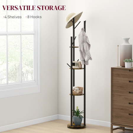  Cuier rotativ de podea cu 8 carlige si 4 rafturi, stil industrial, Ø30x175cm, maro [4]