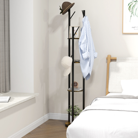  Cuier rotativ de podea cu 8 carlige si 4 rafturi, stil industrial, Ø30x175cm, maro [6]