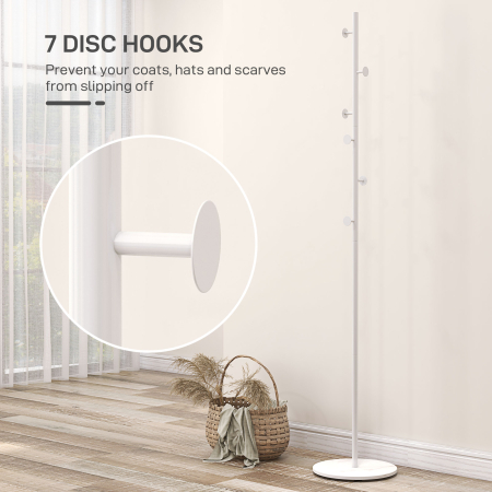  Cuier Vertical Autoportant cu 6 Carlige in Forma de Disc si Baza din Ardezie, Ø32x171 cm, Alb [3]