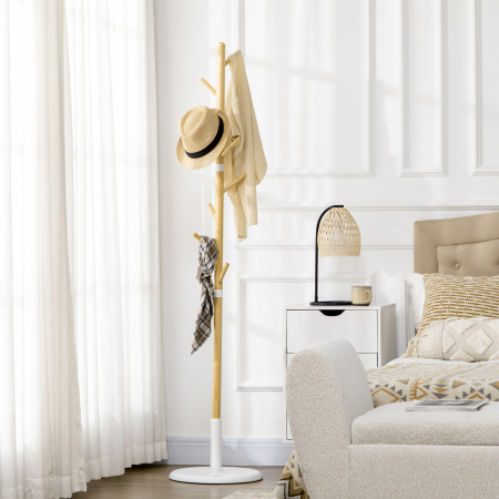  Cuier Vertical cu 8 Carlige cu Baza Rotunda din Bambus, Lemn si Metal, Ø37,8x175,6 cm, Lemn Natural [1]