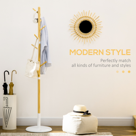  Cuier Vertical cu 8 Carlige cu Baza Rotunda din Bambus, Lemn si Metal, Ø37,8x175,6 cm, Lemn Natural [3]