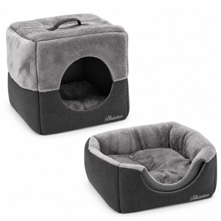 Living & hol - Culcus 2 in 1 pentru pisici si caini de talie mica, transformabil din casuta inchisa in patut deschis prin pliere, suprafata moale din blanita de poli