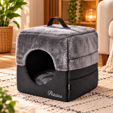 Culcus 2 in 1 pentru pisici si caini de talie mica, transformabil din casuta inchisa in patut deschis prin pliere, suprafata moale din blanita de poli [4]