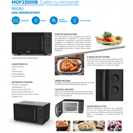 Cuptor cu microunde Beko MOF23300B, putere 900 W, 23 L, functie dezghetare, grill, 6 niveluri de putere, timer mecanic, Negru [4]