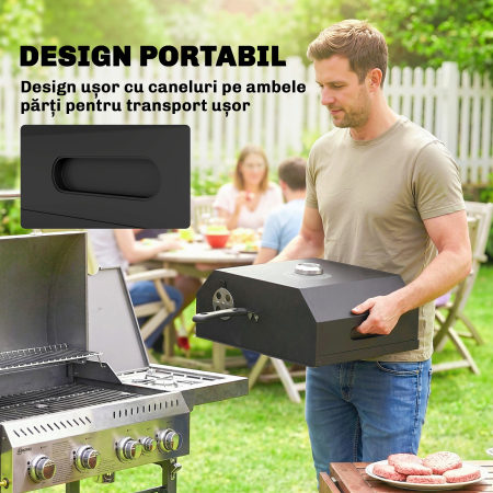  Cuptor pentru Pizza cu Lemne Portabil cu Piatra Cordierita si Termometru, Metal, 53x40x18.5 cm, Negru [6]