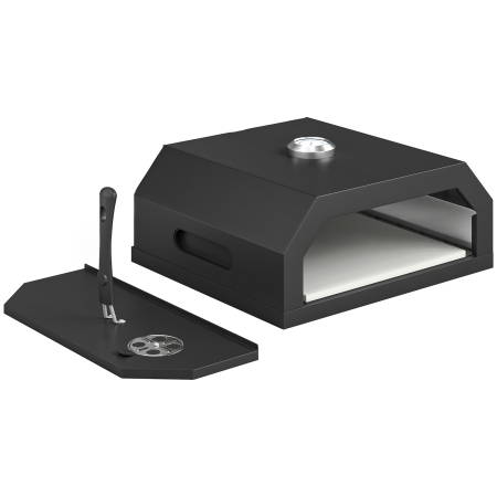 Gradina & balcon -  Cuptor pentru Pizza cu Lemne Portabil cu Piatra Cordierita si Termometru, Metal, 53x40x18.5 cm, Negru