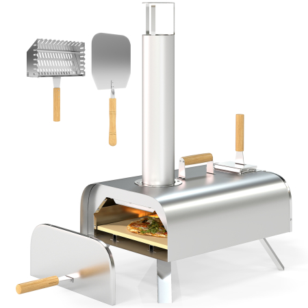 Gradina & balcon -  Cuptor pentru Pizza pe Pelete de Lemn cu Piatra Refractara si Lopata, din Otel Inoxidabil, 79x36x75 cm, Argintiu