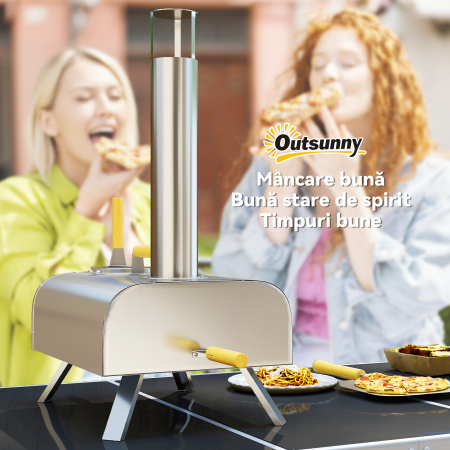  Cuptor pentru Pizza pe Pelete de Lemn cu Piatra Refractara si Lopata, din Otel Inoxidabil, 79x36x75 cm, Argintiu [8]