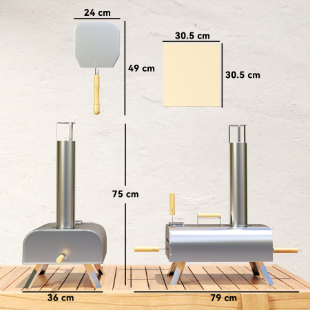  Cuptor pentru Pizza pe Pelete de Lemn cu Piatra Refractara si Lopata, din Otel Inoxidabil, 79x36x75 cm, Argintiu [2]