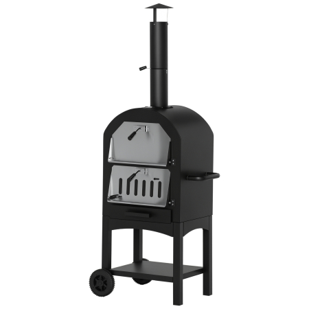 Gradina & balcon -  Cuptor Portabil cu Carbune pentru Pizza si Barbecue, Cuptor cu Lemne, Cos de Fum si Raft Inferior, 63x54x161 cm, Negru