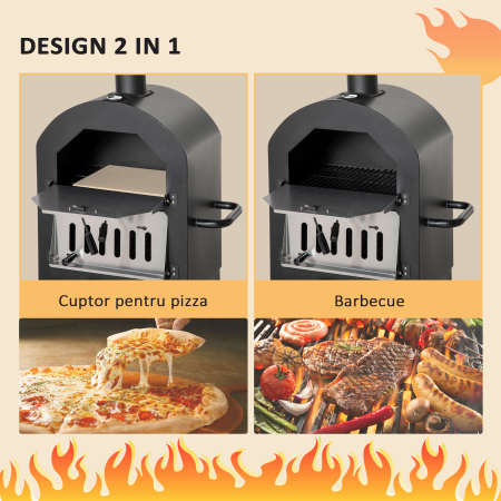  Cuptor Portabil cu Carbune pentru Pizza si Barbecue, Cuptor cu Lemne, Cos de Fum si Raft Inferior, 63x54x161 cm, Negru [3]