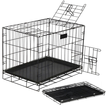 Cusca pliabila animale 2 usi metal, tava plastic detasabila, pliaza la 10 cm, transport usor, 60x50x42 cm, negru [14]