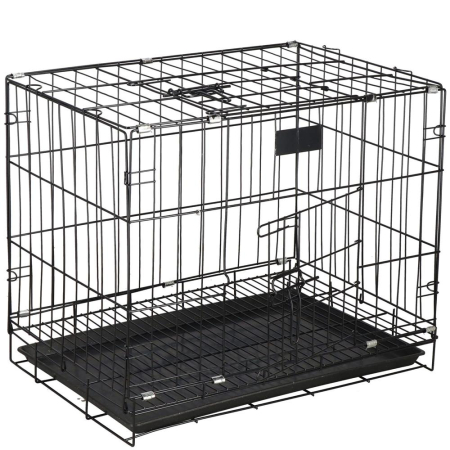 Cusca pliabila animale 2 usi metal, tava plastic detasabila, pliaza la 10 cm, transport usor, 60x50x42 cm, negru [10]