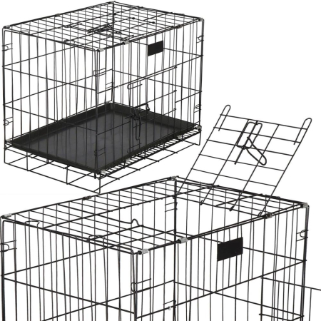 Cusca pliabila animale 2 usi metal, tava plastic detasabila, pliaza la 10 cm, transport usor, 60x50x42 cm, negru [1]