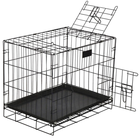 Cusca pliabila animale 2 usi metal, tava plastic detasabila, pliaza la 10 cm, transport usor, 60x50x42 cm, negru [11]