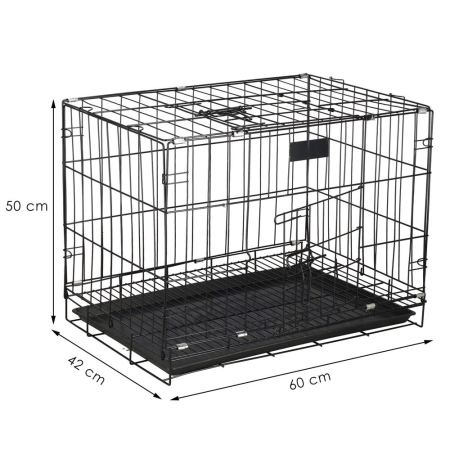 Cusca pliabila animale 2 usi metal, tava plastic detasabila, pliaza la 10 cm, transport usor, 60x50x42 cm, negru [15]