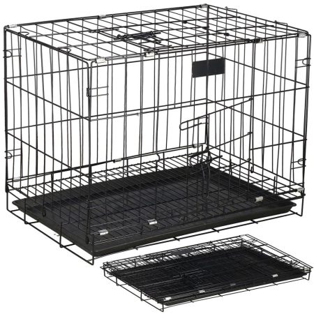 Cusca pliabila animale 2 usi metal, tava plastic detasabila, pliaza la 10 cm, transport usor, 60x50x42 cm, negru [12]