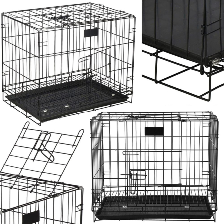 Cusca pliabila animale 2 usi metal, tava plastic detasabila, pliaza la 10 cm, transport usor, 60x50x42 cm, negru [9]