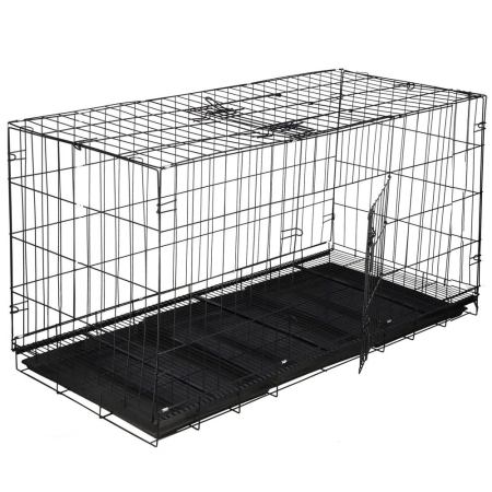 Cusca pliabila animale XXL 2 usi metal, tava detasabila, incuietori duble L, 130x70x61 cm, negru