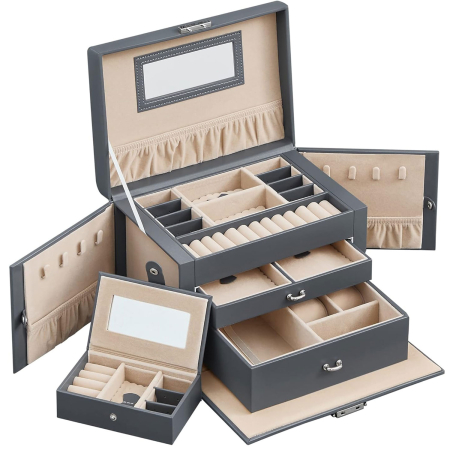 Rafturi si depozitare - Cutie de bijuterii pe 3 nivele, cu 2 sertare, maner, oglinda, inchidere cu cheie, 18x26x17, gri