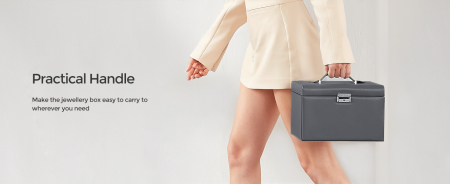 Cutie de bijuterii pe 3 nivele, cu 2 sertare, maner, oglinda, inchidere cu cheie, 18x26x17, gri [13]