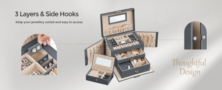 Cutie de bijuterii pe 3 nivele, cu 2 sertare, maner, oglinda, inchidere cu cheie, 18x26x17, gri [9]