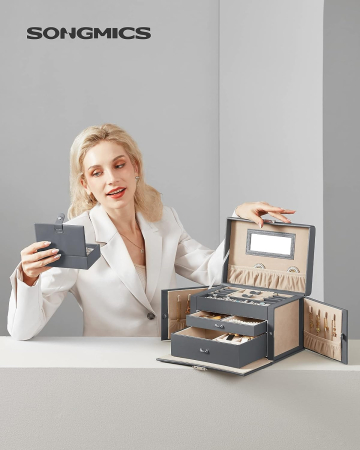 Cutie de bijuterii pe 3 nivele, cu 2 sertare, maner, oglinda, inchidere cu cheie, 18x26x17, gri [1]