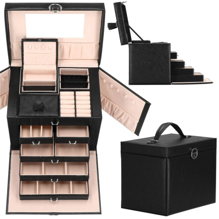 Cutie depozitare si organizare bijuterii, piele ecologica + velur, 26 x 21,5 x 19 cm, negru [4]