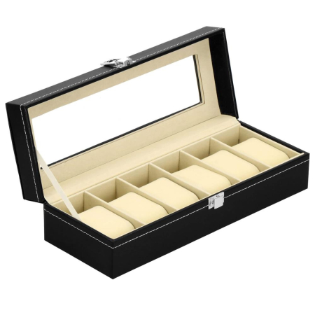 Cutie depozitare si organizare ceasuri, MDF, piele ecologica, 30x11x8cm, negru [0]