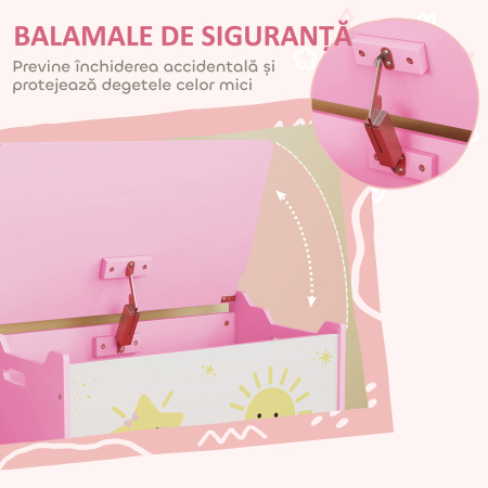  Cutie pentru Jucarii cu Capac, Balama de Siguranta si Manere Groove, Organizator pentru Depozitarea Jucariilor pentru Copii, Camera de Zi, Sala de Joaca, Roz [4]