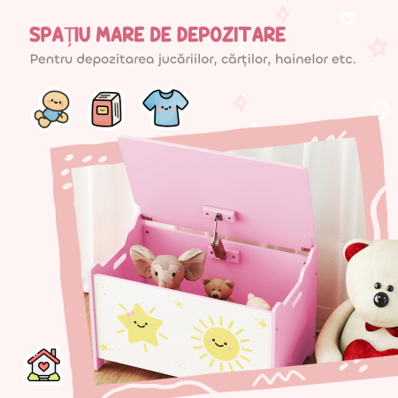  Cutie pentru Jucarii cu Capac, Balama de Siguranta si Manere Groove, Organizator pentru Depozitarea Jucariilor pentru Copii, Camera de Zi, Sala de Joaca, Roz [3]