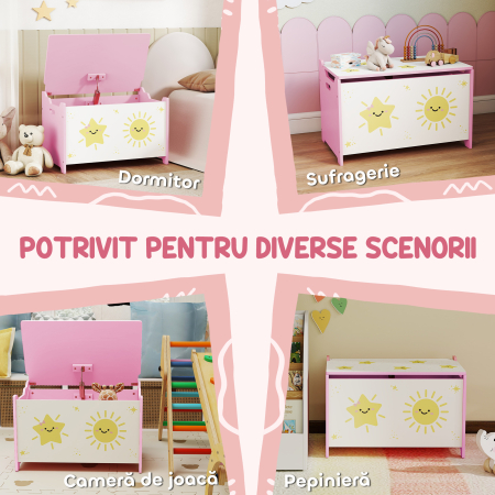  Cutie pentru Jucarii cu Capac, Balama de Siguranta si Manere Groove, Organizator pentru Depozitarea Jucariilor pentru Copii, Camera de Zi, Sala de Joaca, Roz [5]