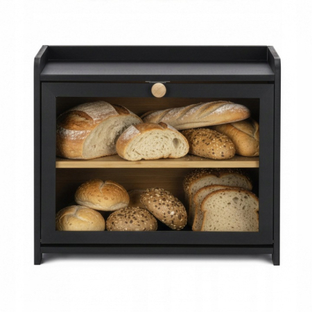 Cutie pentru paine cu 2 niveluri din bambus, cu fereastra transparenta si inchidere magnetica, raft suplimentar superior, 40x25x34 cm, negru [6]
