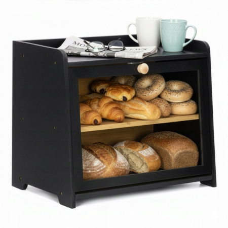 Bucatarie - Cutie pentru paine cu 2 niveluri din bambus, cu fereastra transparenta si inchidere magnetica, raft suplimentar superior, 40x25x34 cm, negru