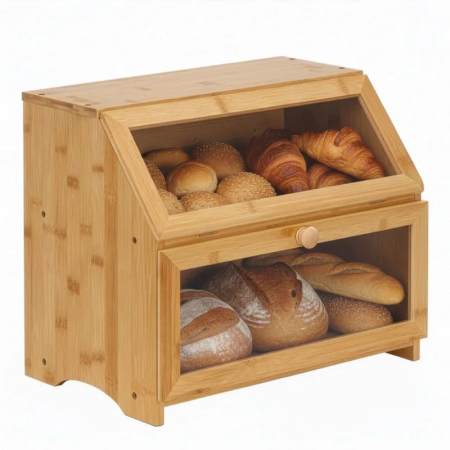 Bucatarie - Cutie pentru paine cu 2 niveluri din bambus, cu ferestre transparente si inchidere magnetica, 39x25x32 cm, natur