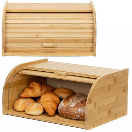 Cutie pentru paine din bambus cu capac glisant, raft superior, 38x28x18 cm, bambus natur maro [1]