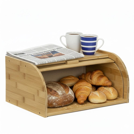 Cutie pentru paine din bambus cu capac glisant, raft superior, 38x28x18 cm, bambus natur maro [7]