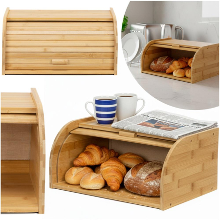 Cutie pentru paine din bambus cu capac glisant, raft superior, 38x28x18 cm, bambus natur maro [2]
