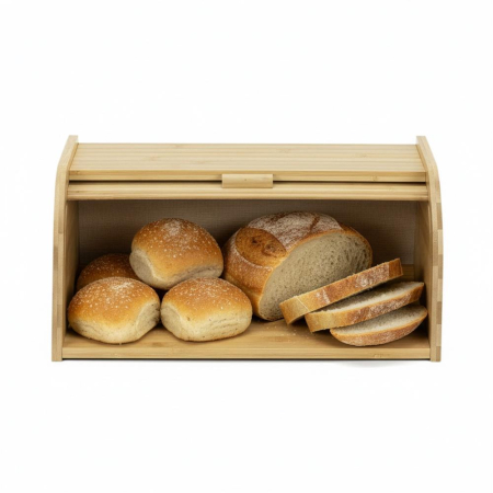 Cutie pentru paine din bambus cu capac glisant, raft superior, 38x28x18 cm, bambus natur maro [13]