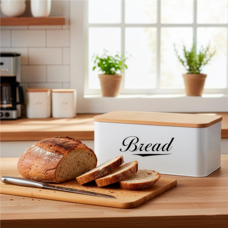 Cutie pentru paine din metal cu capac din bambus, finisaj lucios, 33x18x14 cm, alb [8]